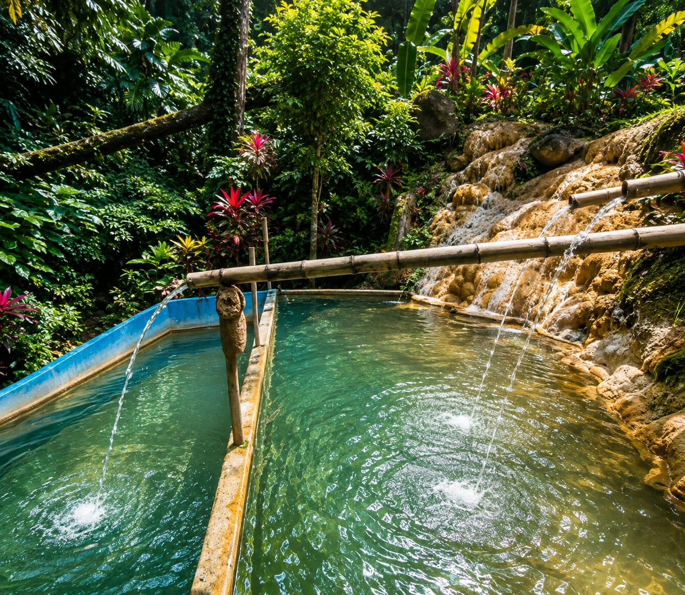 Mineral bath pools with bamboo spouts in the rainforest