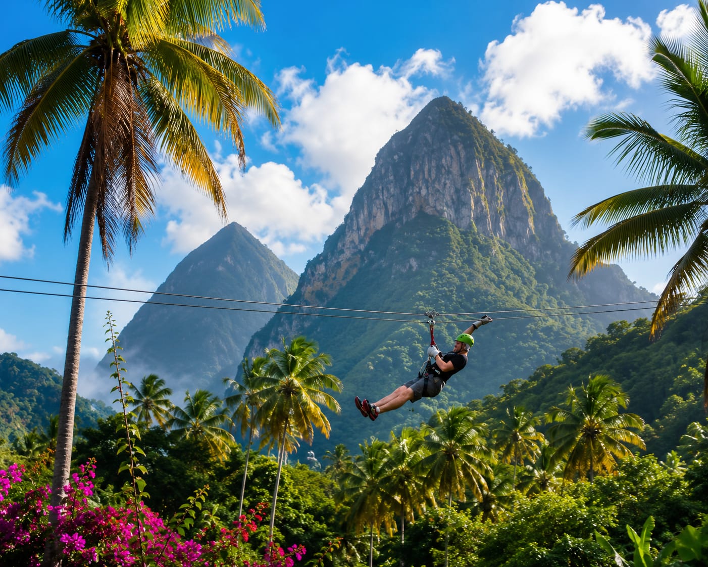 Ziplining through the rainforest with the Pitons behind
