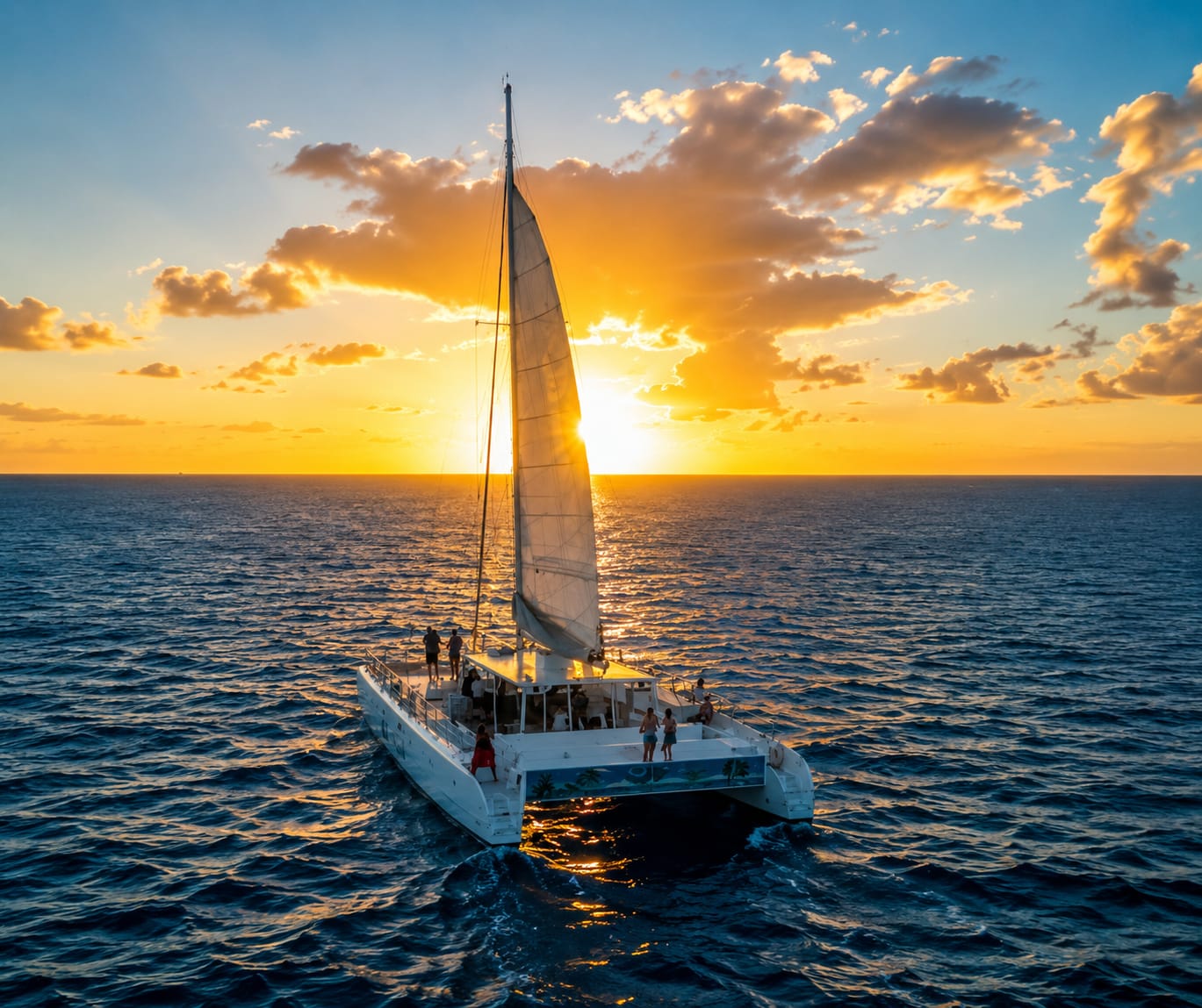 Catamaran sailing at sunset off St. Lucia